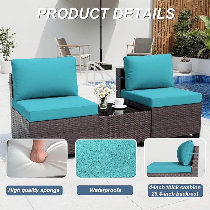 ALAULM Patio Furniture Set with Fire Pit Table 55000 BTU, Outdoor Sectional with Wide Seat and Thick Cushion, 8 Piece Wicker Rattan Conversation Set with Coffee Table for Garden, Deck, Turquoise