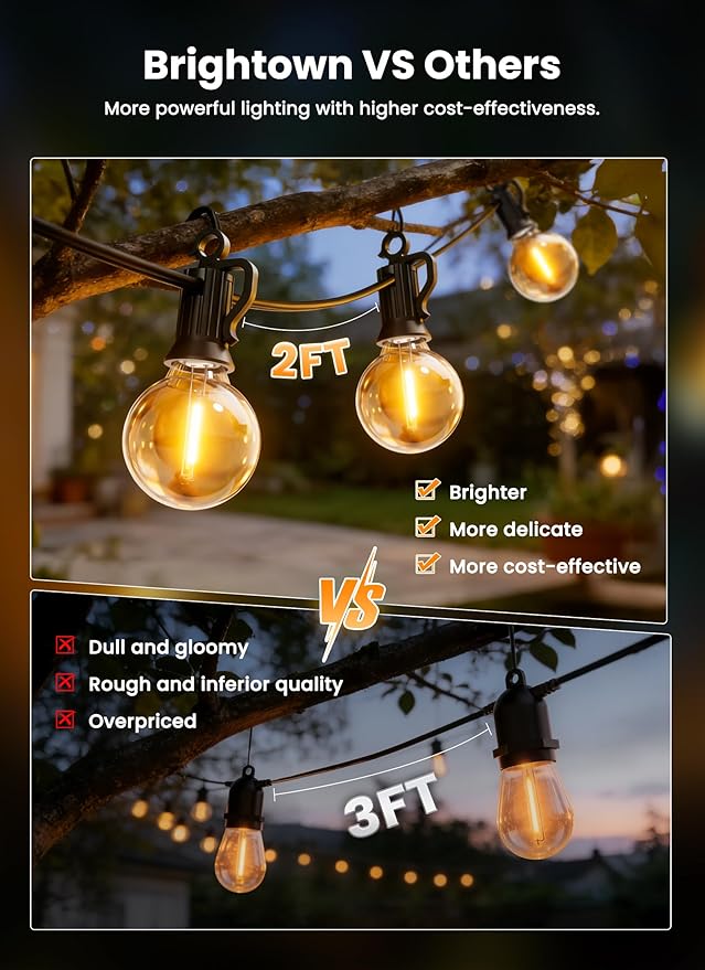 Brightown 58FT Solar String Lights Outdoor with Remote and 26 LED Shatterproof Bulbs, Dimmable & Timable, 3 Light Modes, Solar Patio String Lights Outdoor for Cafe, Garden, Deck, Outside Wedding
