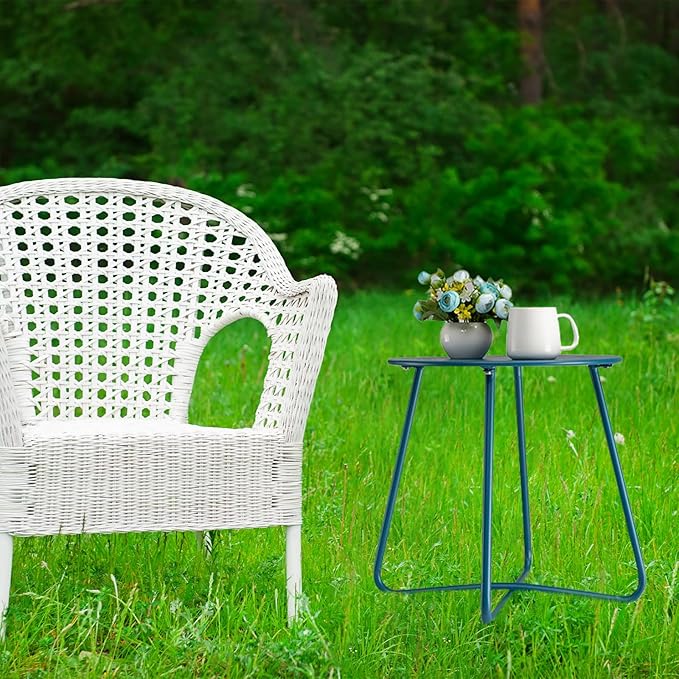 danpinera Outdoor Side Tables with Flower Cut Outs, Weather Resistant Steel Patio Side Table, Small Round Outdoor End Table Metal Side Table for Patio Yard Balcony Garden Navy Blue
