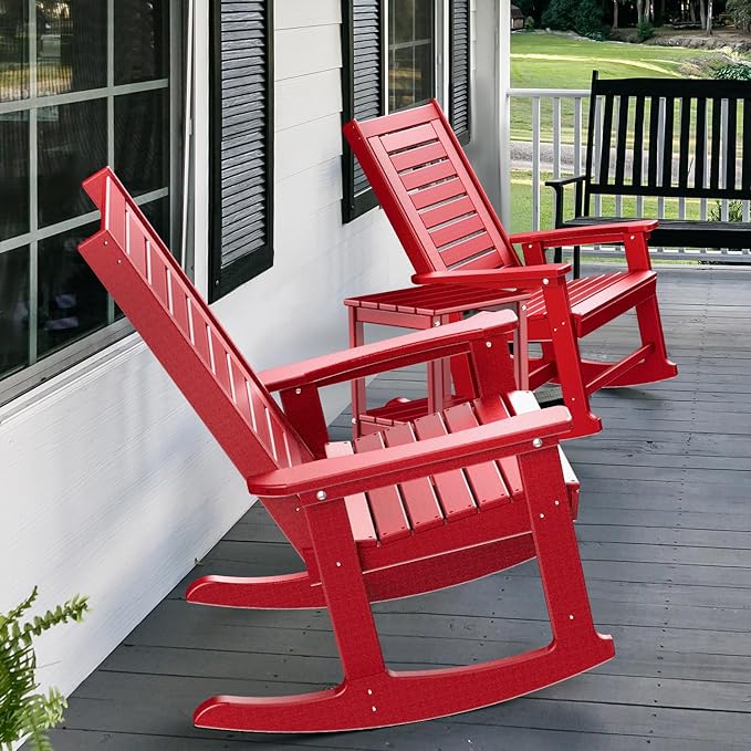 GREENVINES Outdoor Rocking Chair Set | 3-Piece | 2 Rocking Chairs with 1 Side Table | Porch Rocker | HDPE Plastic | Red | Patio Furniture Sets | High Back | Big & Tall | Ladder Back