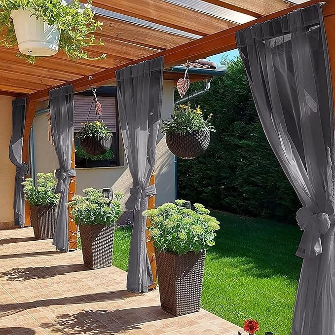 SpaceDresser Waterproof Outdoor Sheer Curtains for Patio - 2 Panels Rod Pocket Indoor Voile Sheer Curtain for Living Room,100W x 84L inch, Grey