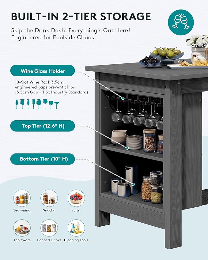 SERWALL Outdoor Bar Table, All Weather HDPE 36" Counter Height Dining Table with Storage and Wine Rack for Patio, Garden, Backyard, Balcony, Poolside, Gray