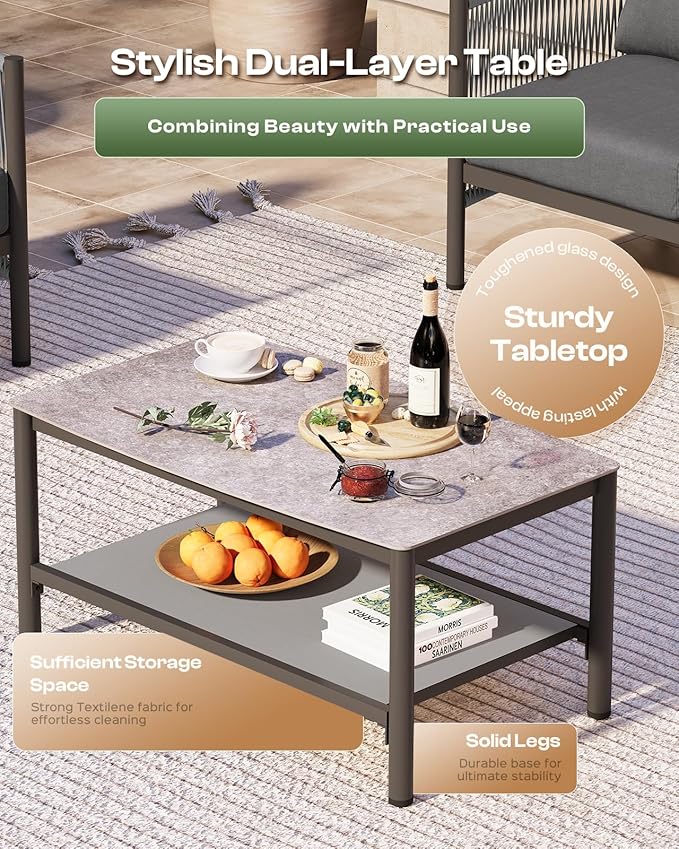 Aluminum Outdoor Patio Furniture Set with Dual-Layer Coffee Table, 5 Piece Modern Patio Conversation Sets with PE Rope, Outdoor Sectional Sofa with Thick Cushions for Balcony, Deck, Charcoal