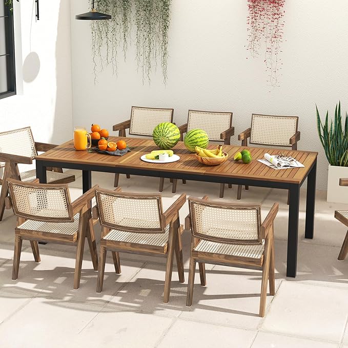 Tangkula 79" Acacia Wood Outdoor Dining Table for 8, Patio Table with Umbrella Hole, Metal Legs & Adjustable Foot Pads, Rectangular 8-Person Outside Table for Garden, Poolside & Backyard