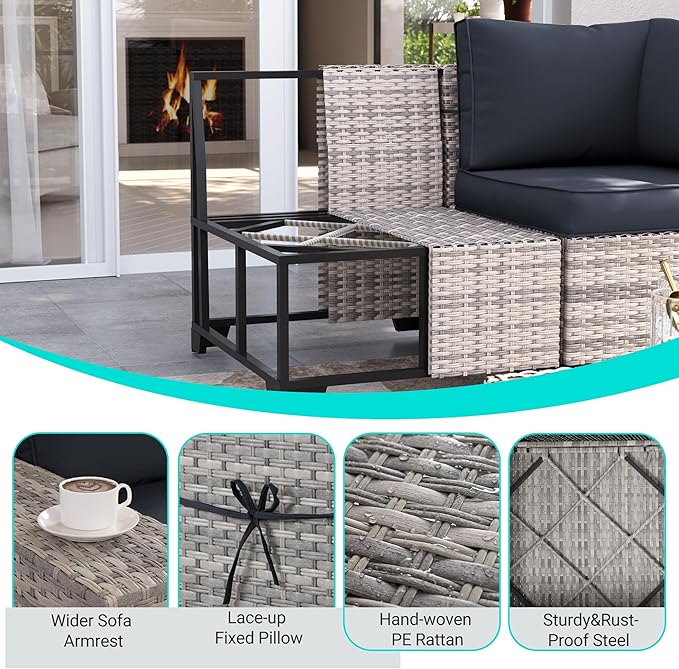 13-Piece Outdoor Patio Furniture Set with Rocking Swivel Chair, PE Wicker Rattan Sectional Sofa Patio Conversation Set with 55,000 BTU Fire Pit Table & Coffee Table, Dark Grey