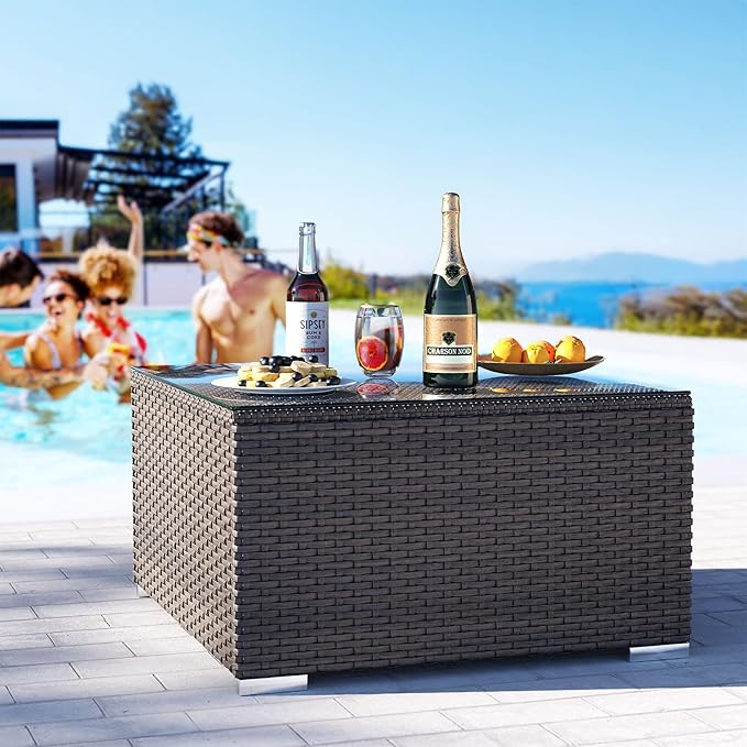 COSIEST Outdoor Furniture Brown Wicker Glass-Top Coffee Table for Expanding Sectional Sofa Set for Garden, Pool, Backyard