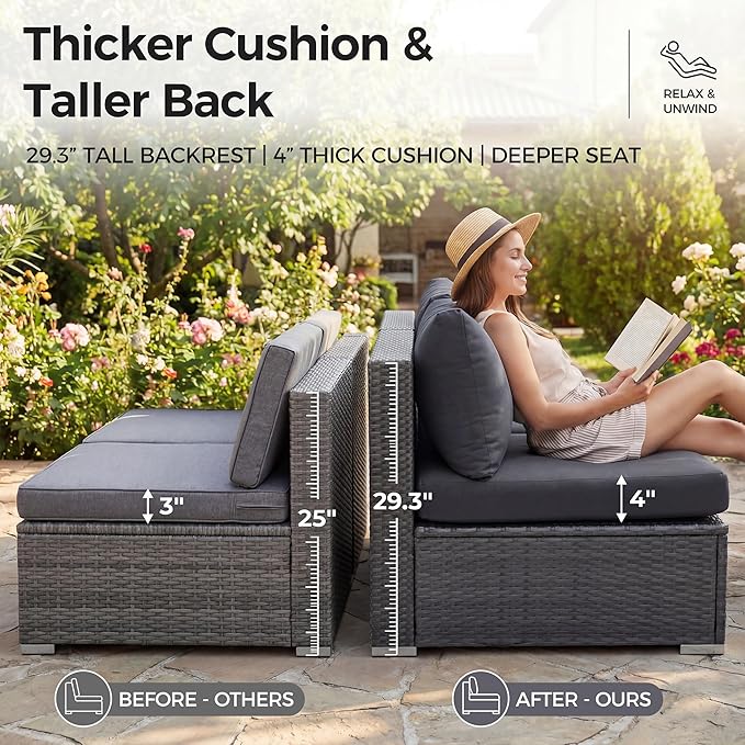 NICESOUL 29.3'' High Backrest Patio Furniture Set with Firepit Table Gas/Propane, Heavy Duty Deep Seating Outdoor Sectional Sofa Sets, 6 Seater Modern Luxury Extra Large Wicker Conversations, Gray