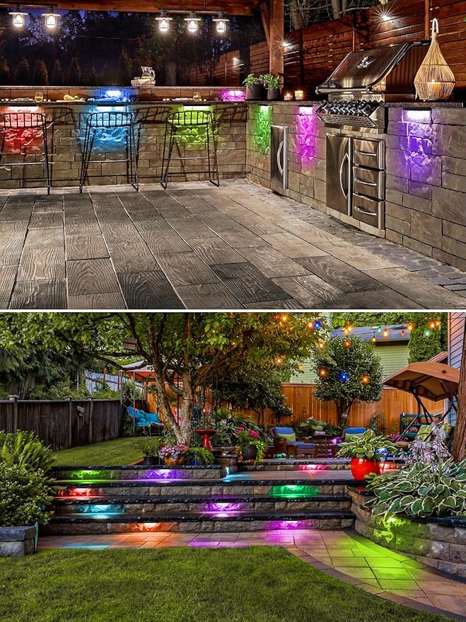 5W RGB Retaining Wall Lights 7 inch LED Hardscape Lighting Color Changing Low Voltage Landscape Paver Lights 12V Step Lights Outdoor Waterproof Stair Deck Lighting (12 Pack+Connectors)