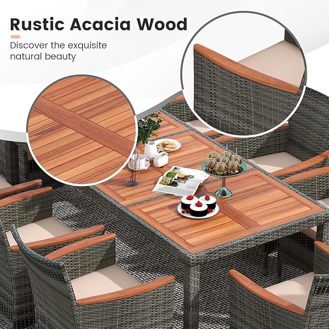 Tangkula 10 Pieces Patio Wicker Dining Set w/Double-Sided Patio Umbrella, Outdoor Acacia Wood Furniture Set w/ 8 Armchairs, 71” Dining Table & 15 ft Umbrella with Weighted Base (Wine)