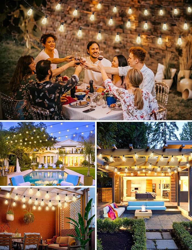 Brightever LED Outdoor String Lights with Remote, 60FT Patio Lights Outdoor Waterproof with 19 Shatterproof ST38 LED Edison Bulbs, 3 Modes 2 Timer Dimmable String Lights for Outside, Low Voltage 24V