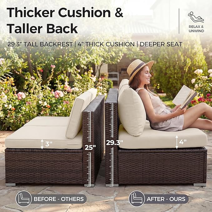 NICESOUL 8 Seat 29.3'' High Back Outdoor Furniture Set, Extra Large Rattan Patio Conversation Sets, Deep Seating Modular Sectional with Ottoman, Oversized Conversations for Backyard, Brown and Beige