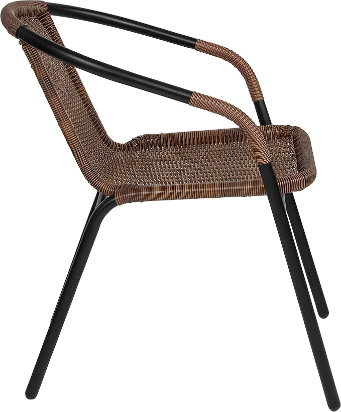 EMMA + OLIVER Set of 4 Modern Rattan Indoor/Outdoor Stack Chairs, Stacking Rattan Patio Chairs with Curved Back and Cross Bracing, Brown