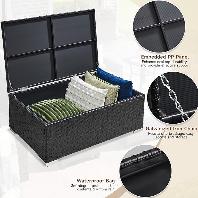 ONBRILL Outdoor Coffee Table with Storage, Rattan Storage Coffee Table with Internal Waterproof Bag, Low Side Table for Patio, Porch, Backyard, Poolside - Black