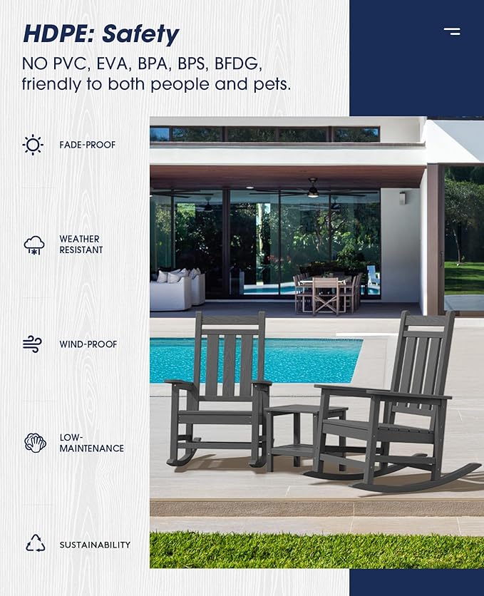 KINGYES Oversized Outdoor Rocking Chair Set of 4, All-Weather Patio Rocking Chairs for Porch, HDPE Outdoor Patio Rockers with High Back & Wide Seat for Garden, Lawn, Gray