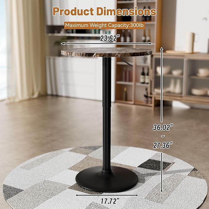 Flamaker Round Bistro Pub Table 23.6 Inch Height Adjustable 360° Swivel Bar Table Metal Base for Pub, Dining Room, Party (2, Marble-Black)
