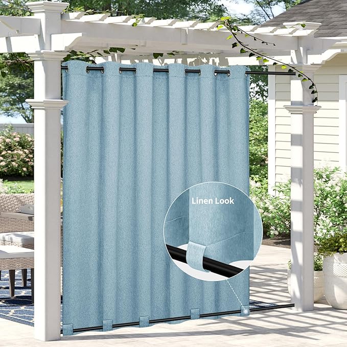 Easy-Going Linen Look Outdoor Curtains Waterproof Windproof Porch Curtains, Soft Thicken Outdoor Privacy Curtains for Patio, Gazebo, Grommet Top and Tab Bottom Drape, 1 Panel, 110x96 inch, Sky Blue
