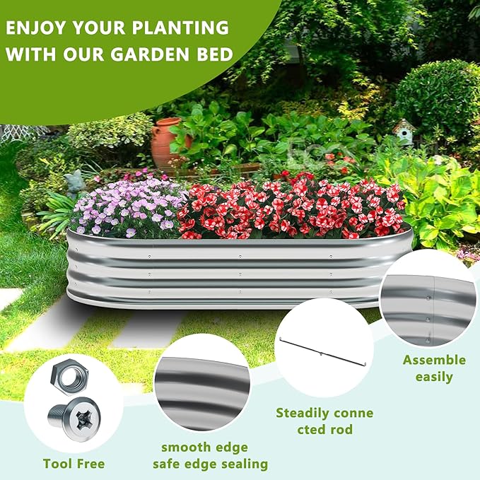 zizin Oval Galvanized Raised Garden Bed Kit 8x2x1ft Metal Planter Box for Outdoor Vegetables, Silver