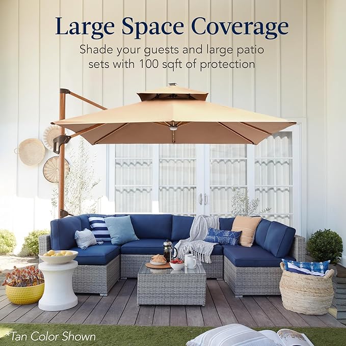 Best Choice Products 10ft Square Cantilever Patio Umbrella w/Base Included, Woodgrain Pattern Pole & Solar LED Lights, 360-Rotation, Offset Hanging Outdoor Shade - Fog Gray
