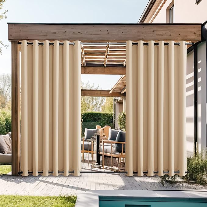 NICETOWN 2 Panels Waterproof Patio Outdoor Curtains & Drapes, Windproof Thermal Insulated Top and Bottom Grommet Keep Sun & Rain Blackout Outdoor Drapes for Porch/Pergola, Biscotti Beige, W84 x L95