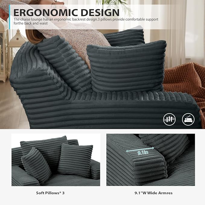 67 Inch Chaise Lounge Chair Indoor, Oversized Corduroy Upholstered Boneless Sofa Bed, Deep Seat Sleeper Couch Reading Chairs, Cloud Sofas Couches for Living Room, No Assembly Required (Dark Grey)