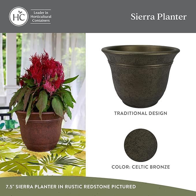 The HC Companies Sierra Round Self-Watering Pot - Lightweight Plastic Planter for Herbs & More - Durable Plant Pots for Indoor Plants & Outdoor Plants (7.5” Celtic Bronze, Pack of 1)