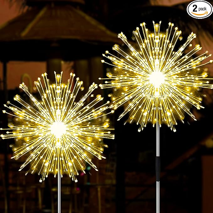 JJGoo Solar Firework Lights, 2 Pack 180 LEDs 2 Lighting Modes Solar Lights Outdoor Waterproof for Garden Patio Walkway Pathway Party Wedding Christmas Decorative - Warm White