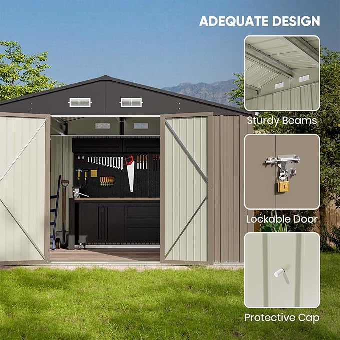 Patiowell 10 x 8 FT Outdoor Storage Shed, Large Garden Tool Metal Shed with Sloping Roof and Double Lockable Door, Outdoor Shed for Backyard Garden Patio Lawn, Brown