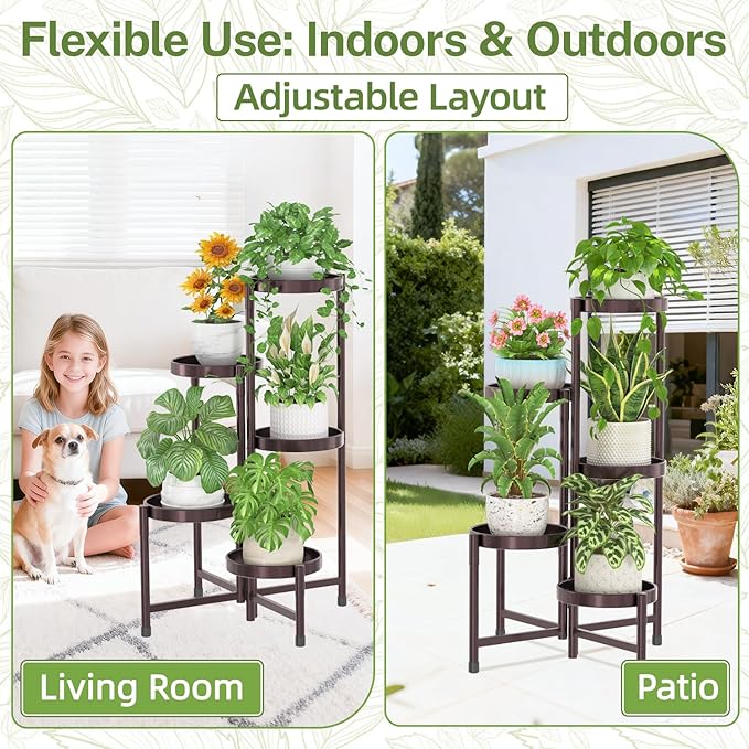 iDavosic.ly Plant Stand Indoor Outdoor, 5 Tier Corner Metal Flower Display Holder Shelf, Easy Assembly Folding Tall Orchid Rack for Patio Balcony Porch Garden Living Room House, Violet Bronze