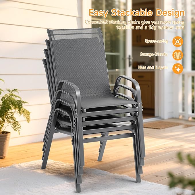 ONBRILL Patio Chairs set of 6, Easy Assembly Stackable Outdoor Dining Chairs with Wide Seat and Sturdy Metal Frame, Breathable All Weather Textilene Outdoor Chairs Set of 6 for Deck, Pool, Porch, Grey