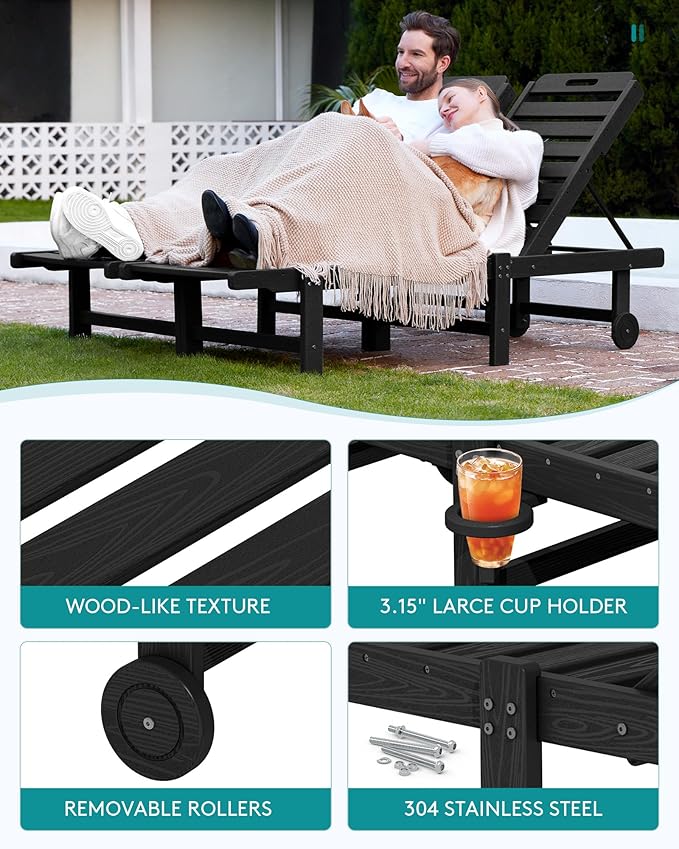 SERWALL Patio Chaise Lounge Chair, HDPE Outdoor Lounge Chair with Cup Holder, 5 Positions Adjustable Poly Lounger with Rolling Wheels for Poolside, Deck, Sunbathing, Black
