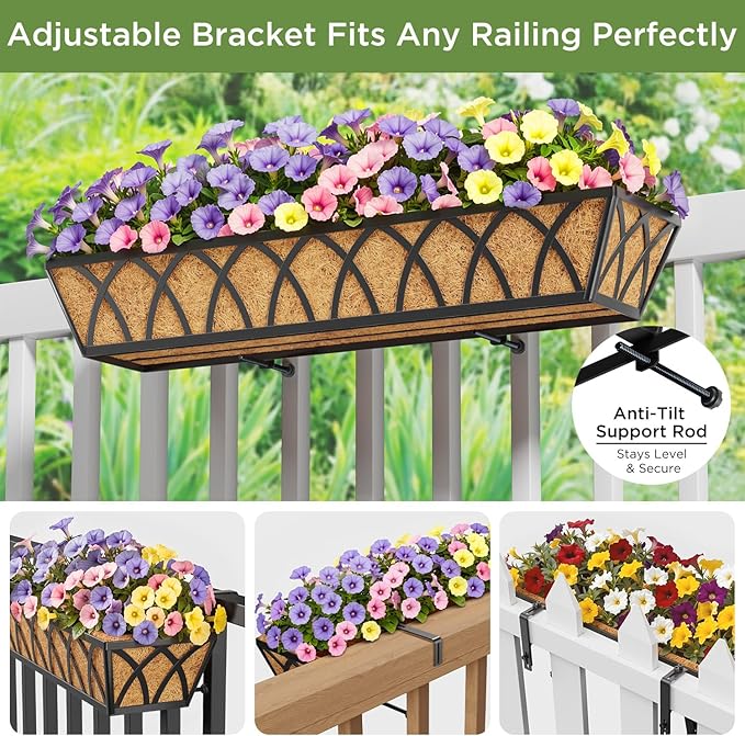 Y&M 30 Inch Window Deck with Coco Liner, Fence Metal Hanging Flower Planter Window Basket Deck Railing Planter Boxes for Outdoor Garden Lawn,6pcs