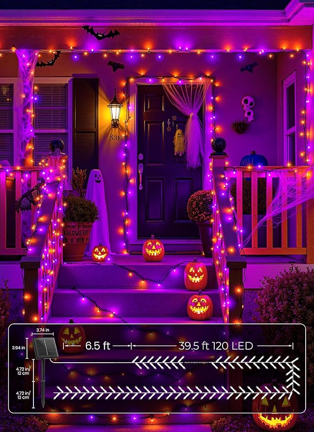 Brightown 4 Pack Solar Halloween String Lights, Total 184FT 480 LED Solar Lights Outdoor Waterproof Black Wire with 8 Modes, Solar Fairy Light for Garden Yard Patio Party Decors, Orange and Purple