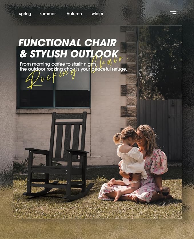 KINGYES Oversized Outdoor Rocking Chair Set of 2, All-Weather Patio Rocking Chairs for Porch, HDPE Outdoor Patio Rockers with High Back & Wide Seat for Garden, Lawn, Black