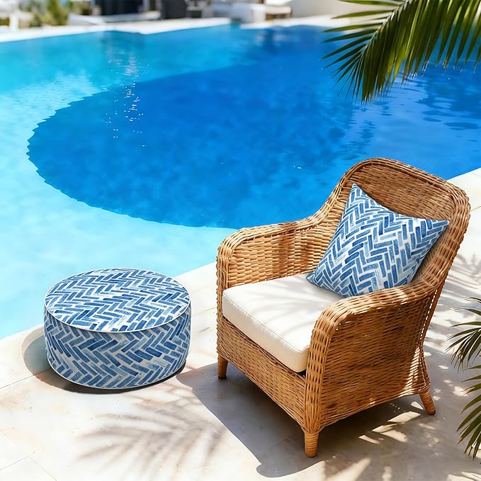 LVTXIII Indoor/Outdoor Inflatable Ottoman, All Weather Round Footrest Stool D21”x H9”, Portable for Patio Garden Camping or Home-Blue Bricks