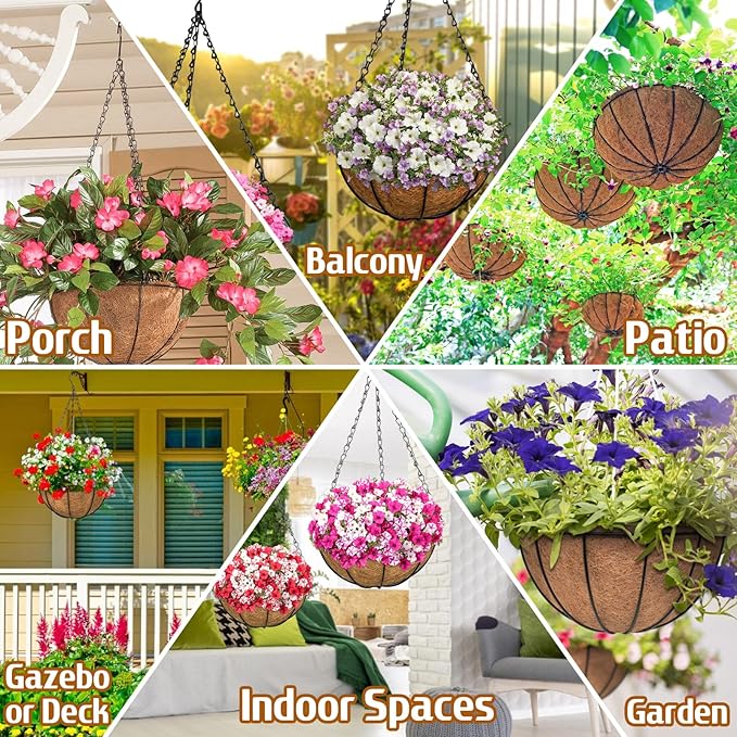 ZeeDix 6 Pack 12 Inch Metal Round Hanging Planter Basket with Coconut Liners Replacement, Hanging planters Baskets with Natural Coco Liner for Outdoor Indoor Planters Flowers Vegetables