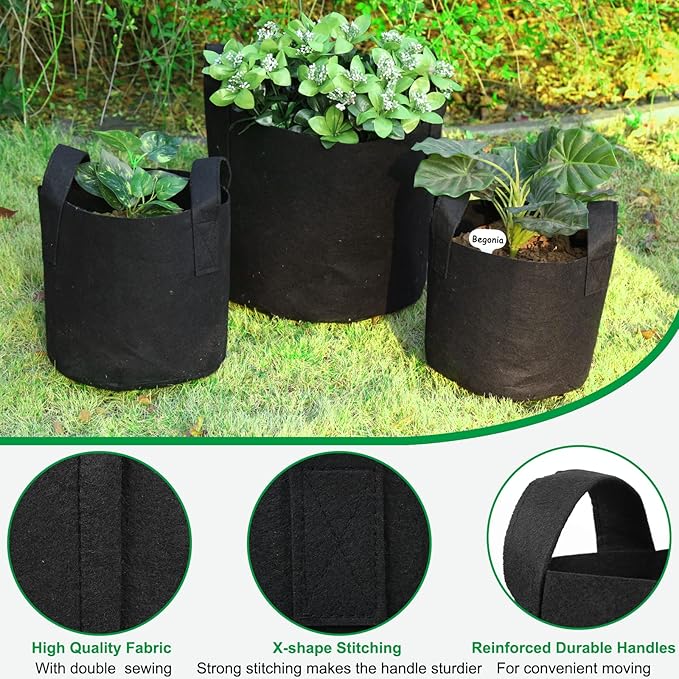 JERIA 12-Pack 3 Gallon Grow Bags, 300G Thickened Nonwoven Garden Pots,Heavy Duty Fabric Pots with Reinforced Handles