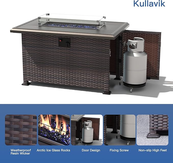 Kullavik 13 Pieces Outdoor Patio Furniture Set with 43" 55000BTU Gas Propane Fire Pit Table PE Wicker Rattan Sectional Sofa Patio Conversation Sets,Sand
