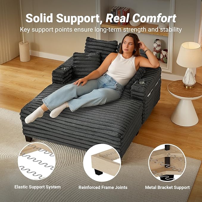 64" Chaise Lounge Chair Indoor, Oversized Sleeper Chair with Wood Frame, Upholstered Sofa Bed for Living Room, Movie Room, Bedroom with 4 Storage Pockets&2 Cup Holders(Plush Corduroy, Grey)