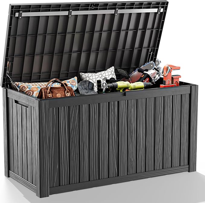 ROJIK 180 Gallon Outdoor Storage Box Waterproof-Patio Furniture Resin Deck Box, Garden Tools, Cushions, Pool Accessories Storage Bench with Lockable Lid and Side Handles (Black, 180 Gal)
