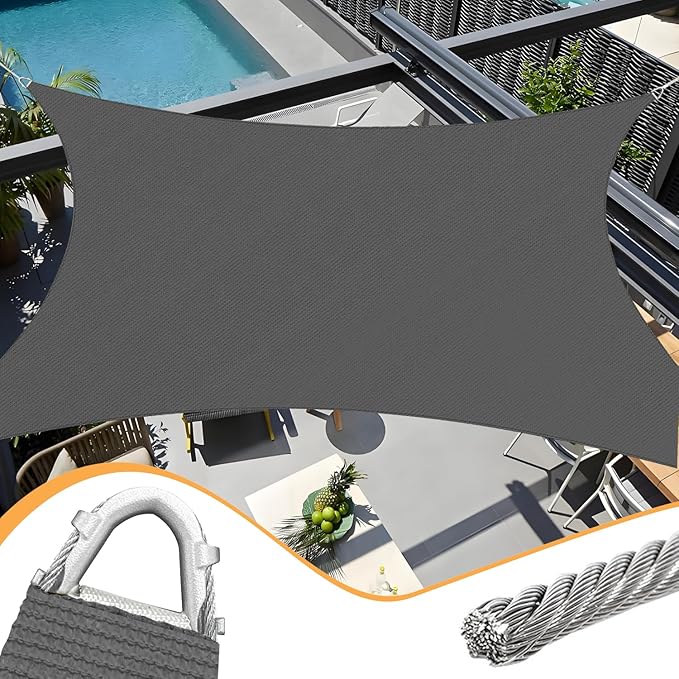 16' x 20' Sun Shade Sail Dark Grey Curved Commercial Outdoor Shade Cover with Steel Wire Edges Rectangle Heavy Duty Permeable 185GSM Backyard Shade Cloth for Patio Garden