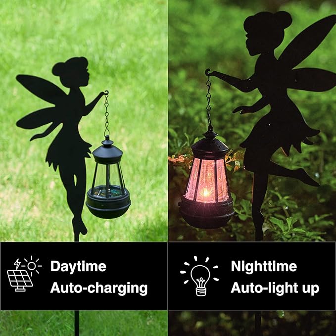 Solar Fairy Garden Decorations Solar Lighting 1 Pair – Outdoor Color-Changing Fairy Statues with Metal Stakes, Garden Ornaments for Lawn, Yard, Patio Decor (Type B Color-Shifting)