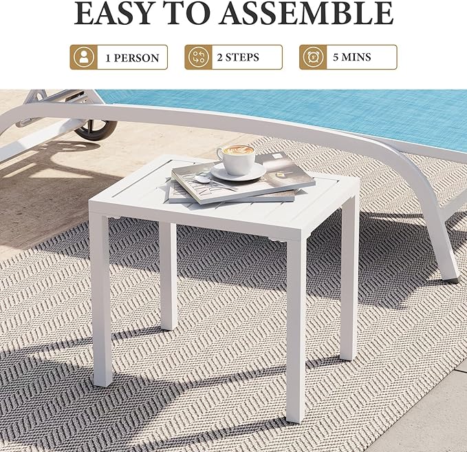 Crestlive Products Aluminum Outdoor Side Table Set of 2, White Small Rectangular Weather Resistant Coffee End Tables for Patio Balcony Pool Deck
