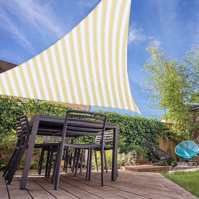 E&K Sunrise 4' x 4' x 4' Sun Shade Sail Triangle Canopy Shade Cover UV Block for Patio Backyard Garden Outdoor (Beige White Strip)