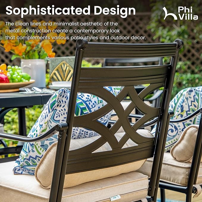 PHI VILLA 5 Pieces Outdoor Dining Set for 4, 37" Square Black Metal Table with Umbrella Hole & Wrought Iron Chairs, All Weather Large Outside Furniture with Cushions & Pillows for Patio, Deck, Porch