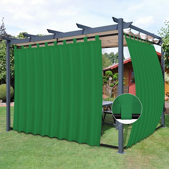 Easy-Going Outdoor Patio Curtains Detachable Tab Top Windproof Weatherproof Curtain for Cabana, Porch, Pergola and Gazebo, Tab Bottom Drape, 2 Panels, 110W x 96L inch, Green