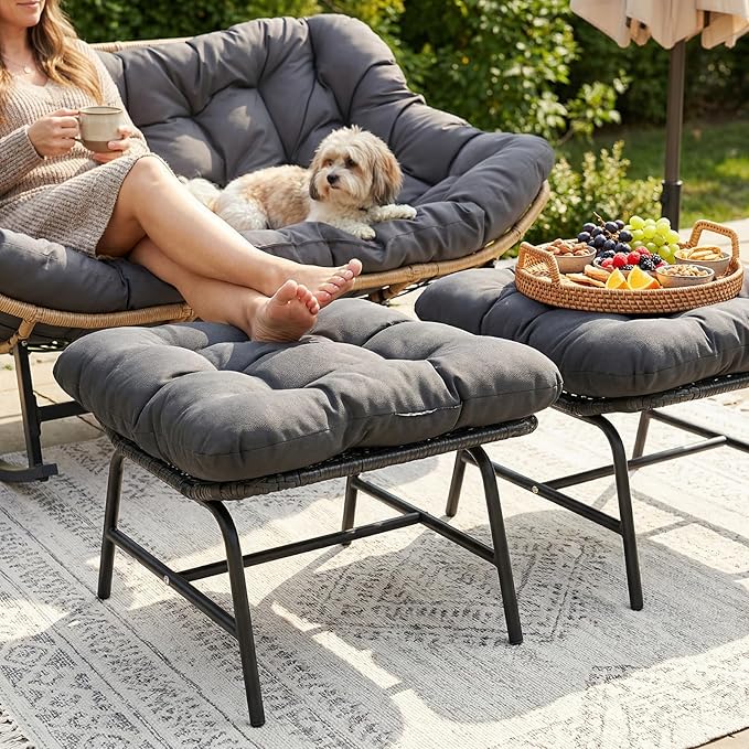 NICESOUL Indoor Outdoor Ottoman Set of 2, Large Wide Double Patio Footstool, PE Rattan Thicken Cushioned Footrest, All-Weather Wicker Furniture for Balcony, Porch, Living Room, Egg Chair, Grey