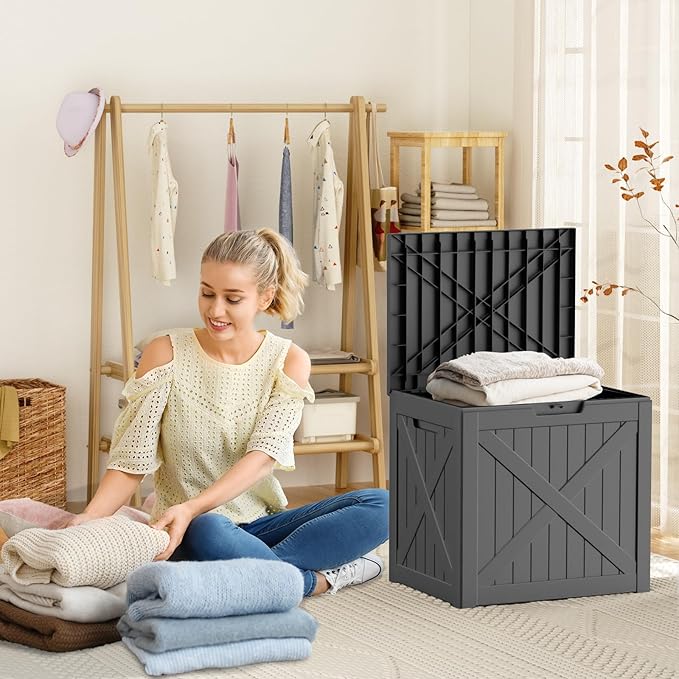 32 Gallon Outdoor Deck Box, Lockable Waterproof Outdoor Storage Boxes For Garden Tools,Indoor Cushions,Accessories Outside Storage Resin Weatherproof Container(Black)