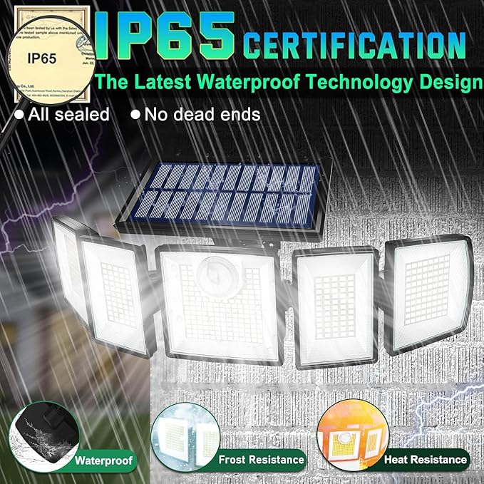 Solar Lights Outdoor Waterproof Motion Sensor - 416 LEDs 3000 Lumens Super Bright 3 Brightness 3 Modes 2400mAh 360° Illumination 32ft Solar Flood Security Light for Outside (‎With Remote Control, 4)