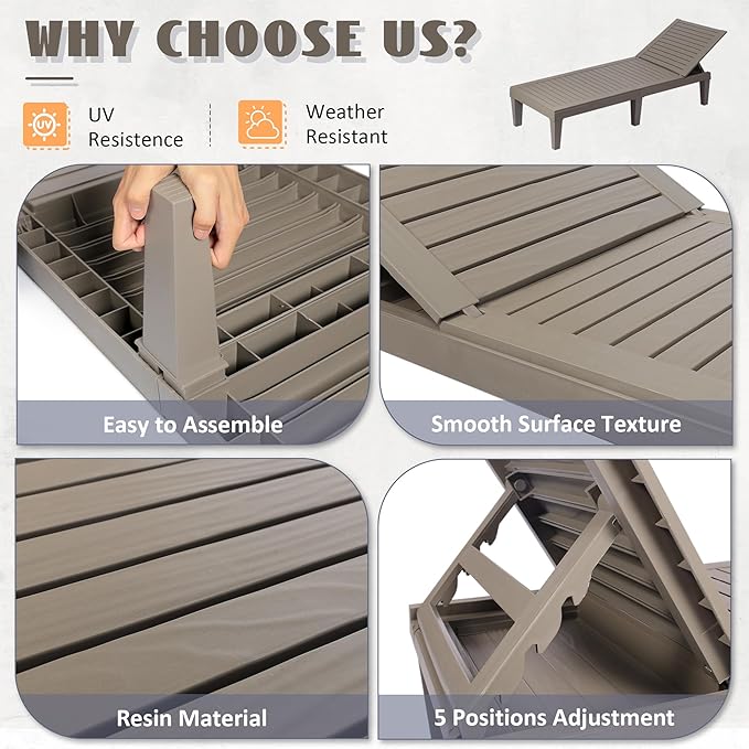 Outdoor Chaise Lounge Set of 4,Lightweight Patio Chairs,Waterproof Sun Loungers Chair Outdoor,5-Positions Adjustable Pool Lounge Chair for Garden Beach Patio Poolside Lawn and Deck,Striped Grey