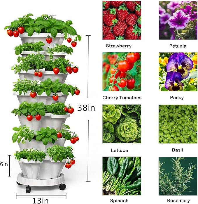 7 Tiered Strawberry Planters 2 Pack, Vertical Stackable Planter, Herb Stacking Tower Garden, Flower and Vegetable Planters with Support Pole Indoor & Outdoor with Removable Wheels - White